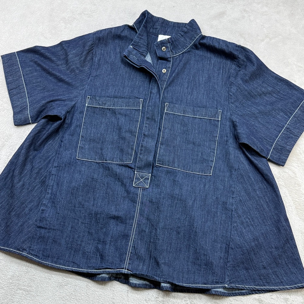 Maeve Denim Top Women L Blue Contrast Stitch Swing Utility Shirt Coastal Preppy